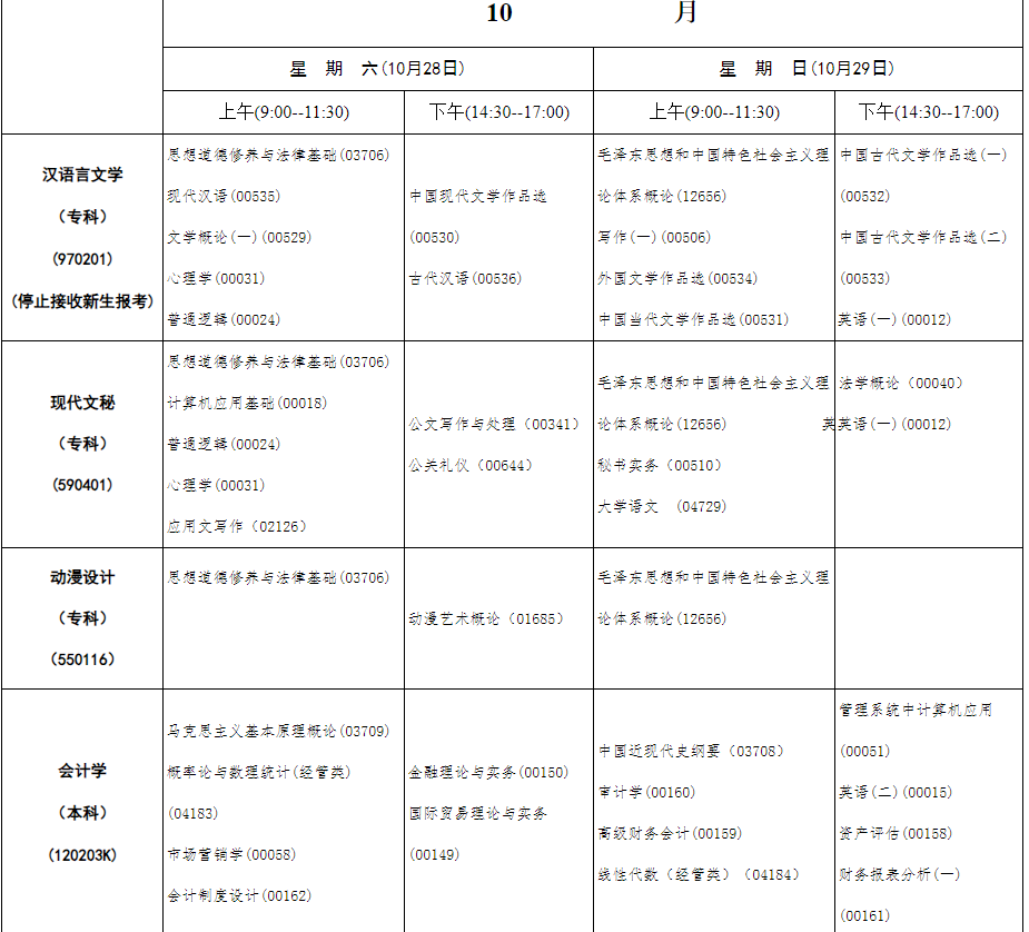 2023年10月內蒙古自學考試考試安排