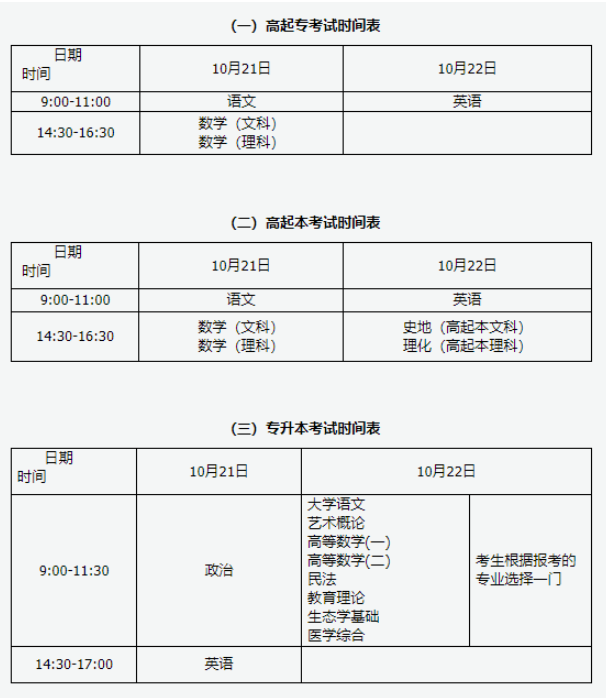 山西省成人高考考試時間？