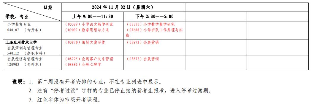 2024年10月上海市自學考試考試安排(二) 2024年10月上海市自學考試考試安排(二)