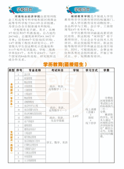 河南牧業經濟學院2024年成人高等教育招生簡章