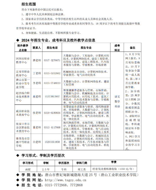 唐山工職院2024年成人高等教育招生簡章