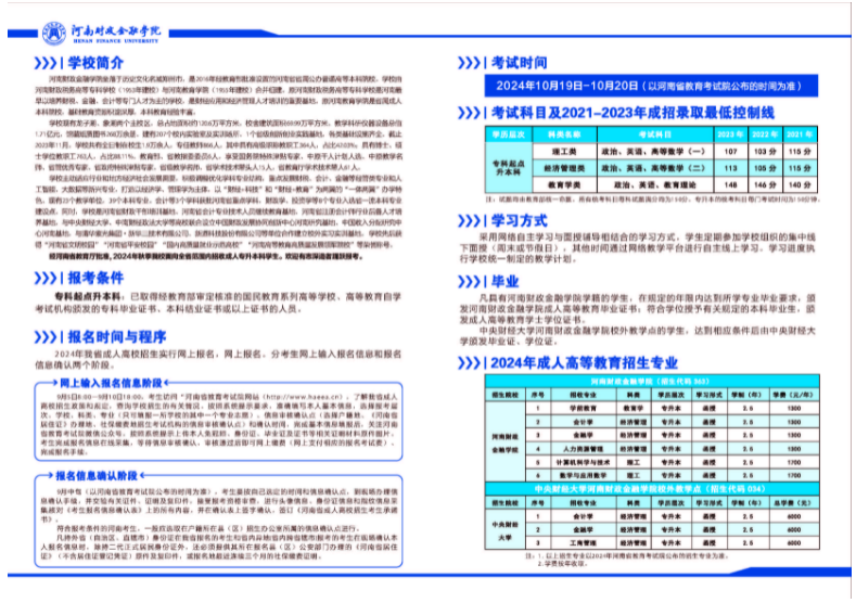 河南財政金融學院繼續教育學院2024年成人高招招生簡章