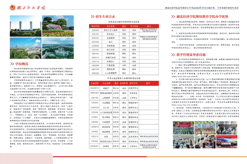 2025年湖北經濟學院高等教育自學考試非全日制專科、專升本助學班招生簡章