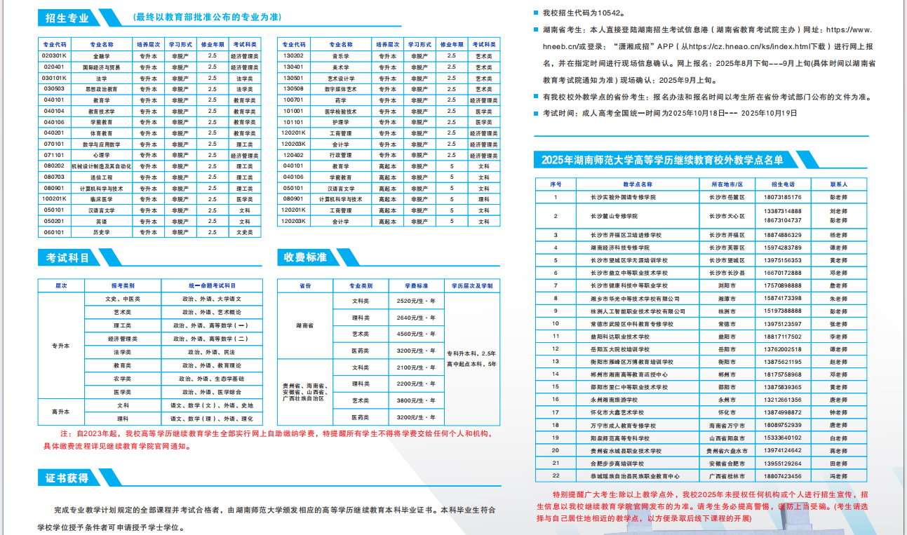 湖南師范大學2025年高等學歷繼續教育招生簡章