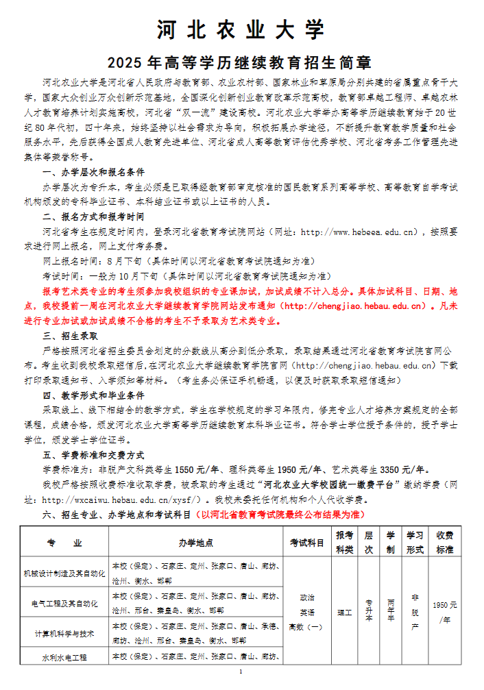 河北農業大學2025年高等學歷繼續教育招生簡章