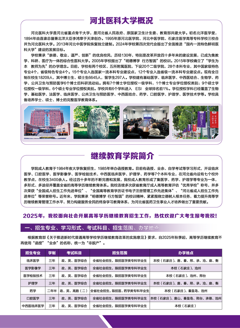 河北醫科大學高等學歷繼續教育2025年招生簡章
