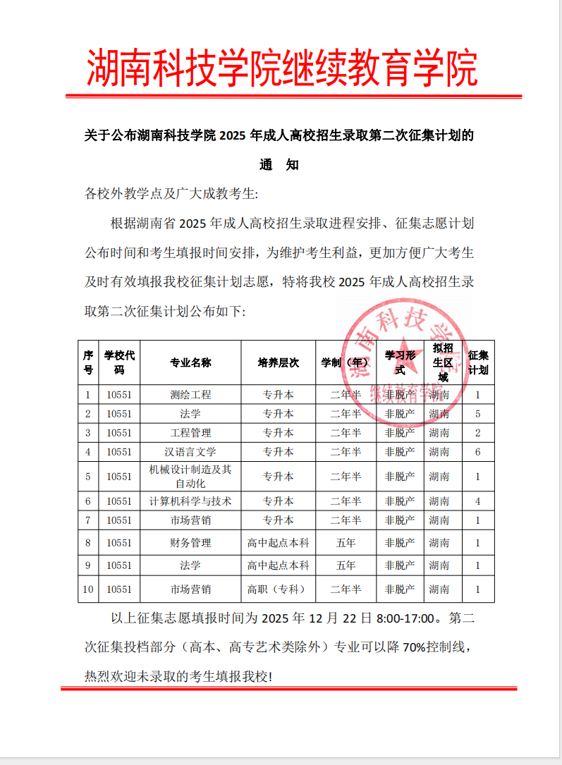 關于公布湖南科技學院2025年成人高校招生錄取第二次征集計劃的通知