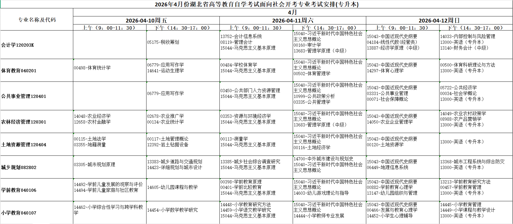 2026年4月湖北省荊門市自考考試安排