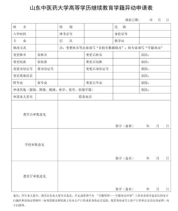 山東中醫藥大學高等學歷繼續教育學籍異動申請表