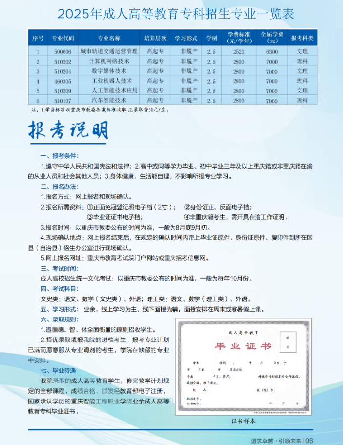 重慶智能工程職業學院2025年成人高等教育報考指南
