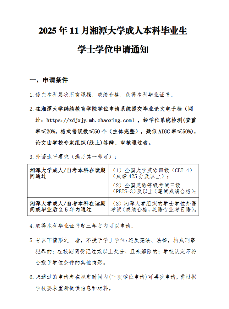 2025年11月湘潭大學成人本科畢業生學士學位申請通知