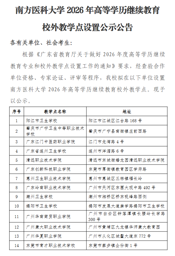 南方醫科大學2026年高等學歷繼續教育校外教學點設置公示公告