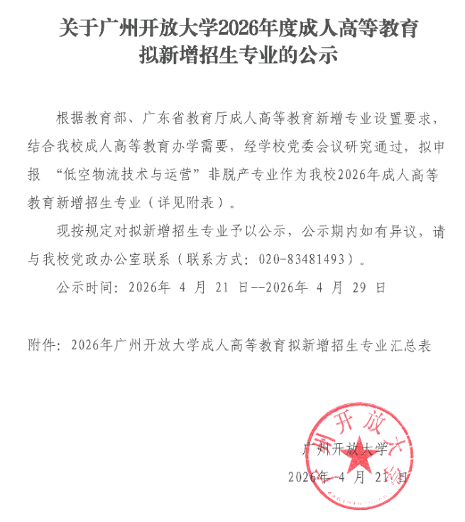 關于廣州開放大學2026年度成人高等教育擬新增招生專業的公示