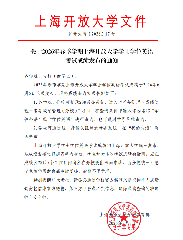 關于2026年春季學期上海開放大學學士學位英語考試成績發布的通知