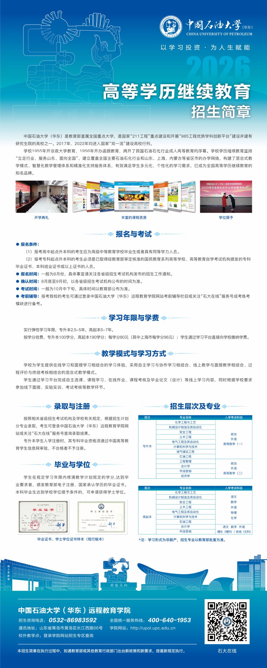 中國石油大學（華東）高等學歷繼續教育2026年招生簡章