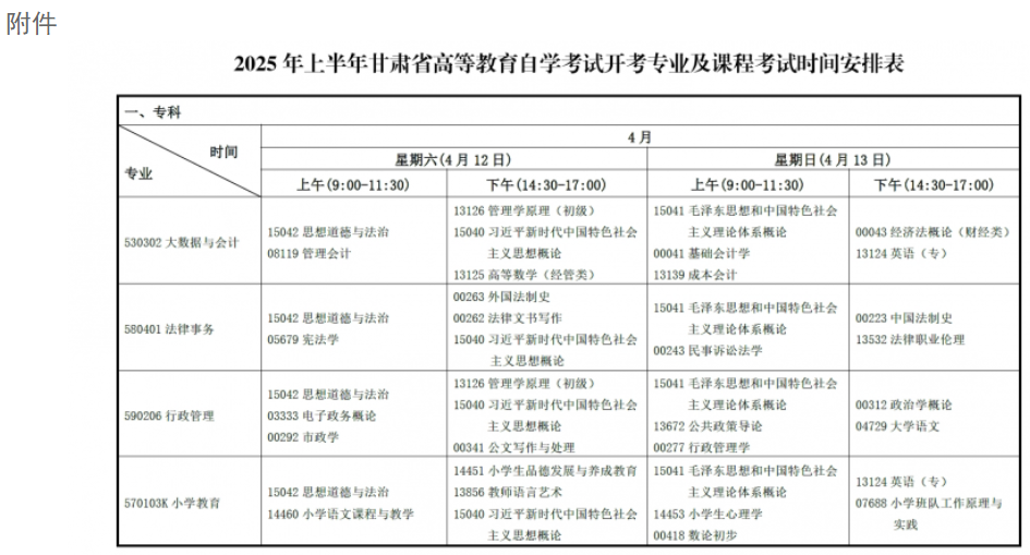 2025年4月甘肅省自考考試安排