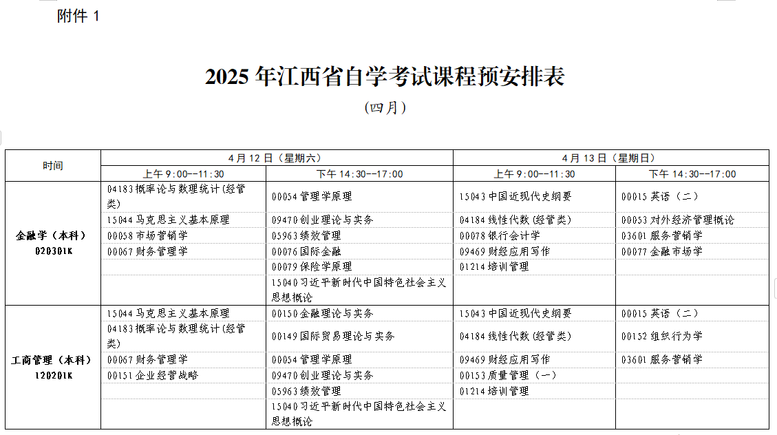 2025年4月江西省自考考試安排 2025年4月江西省自考考試安排