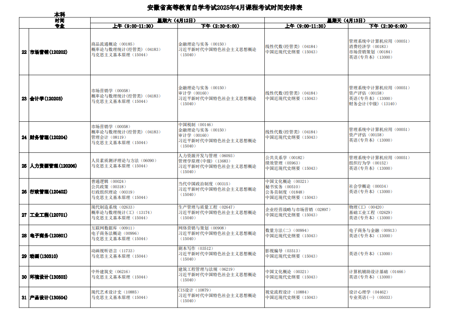 2025年4月安徽省自考考試安排 2025年4月安徽省自考考試安排