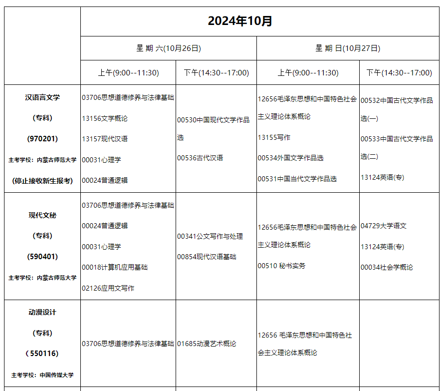 2024年10月內蒙古自治區高等教育自學考試筆試課程考試時間安排表及實踐課考試安排