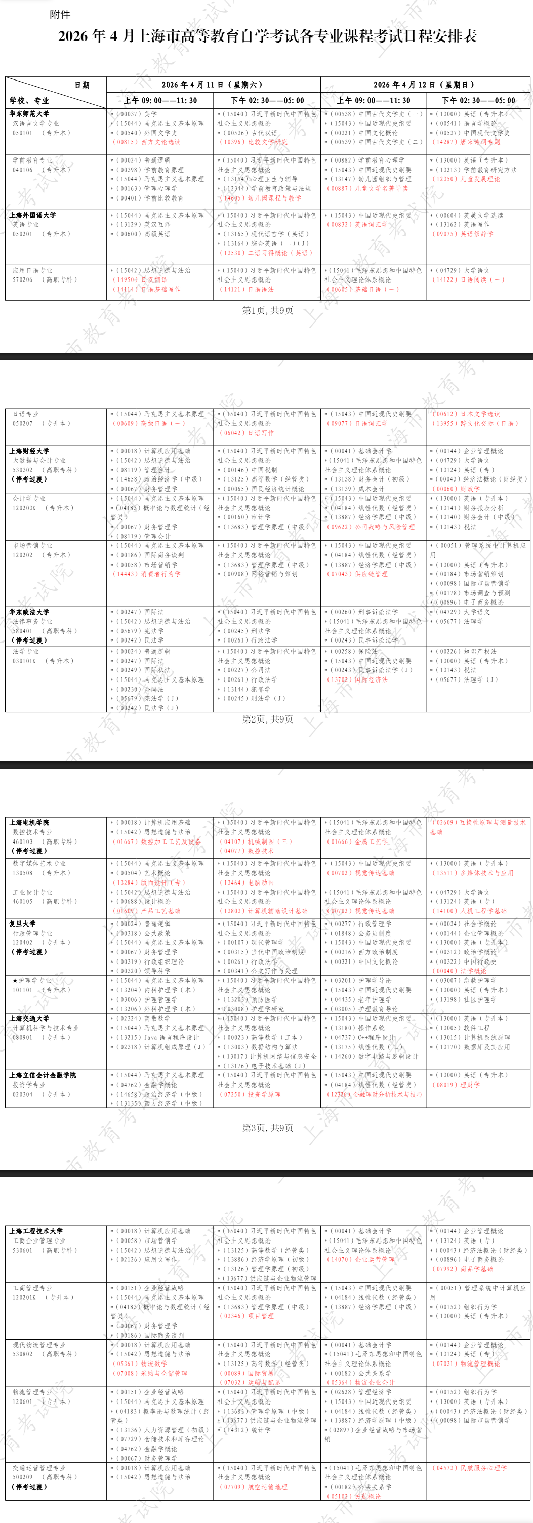 2026年4月上海市徐匯區自考考試安排