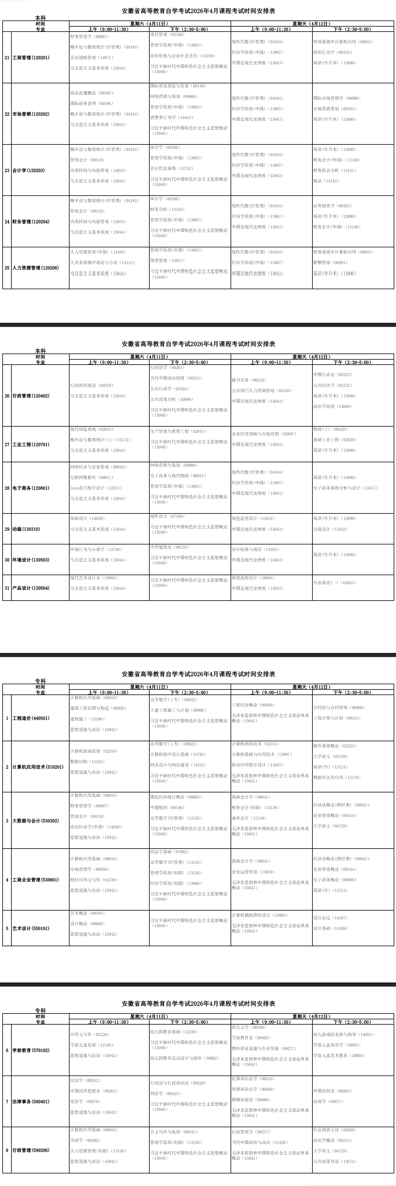 2026年4月安徽省自考考試安排
