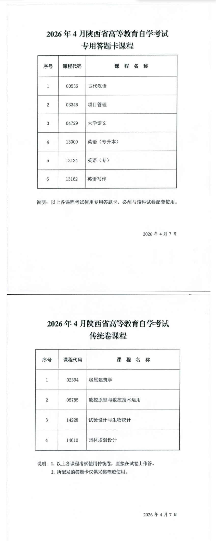 2026年4月陜西省高等教育自學考試專用答題卡課程、傳統卷課程